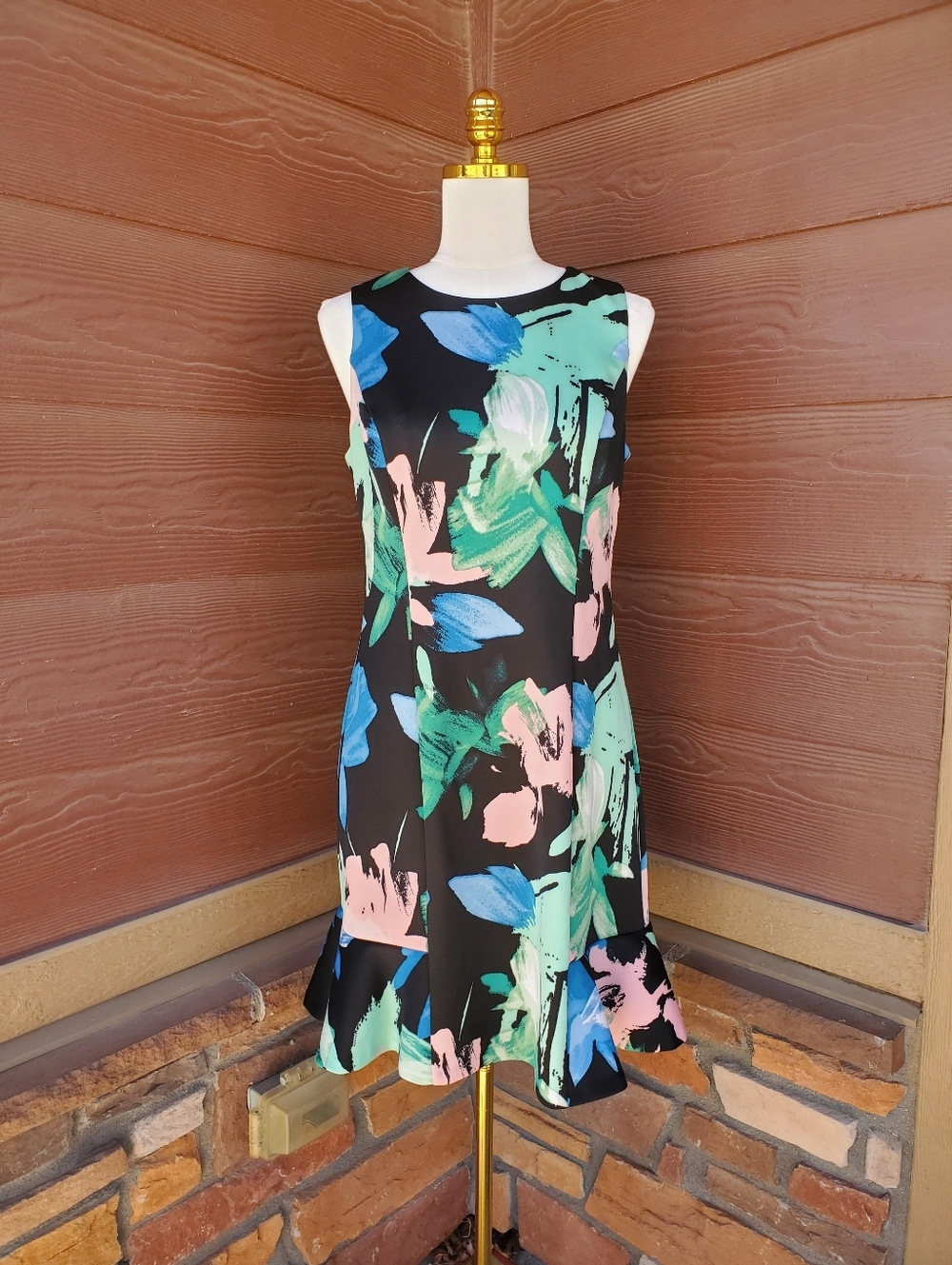 Vince Camuto Floral Scuba Ruffle Sleeveless Sheath Mini Dress Women's Size 10 - Picture 14 of 16